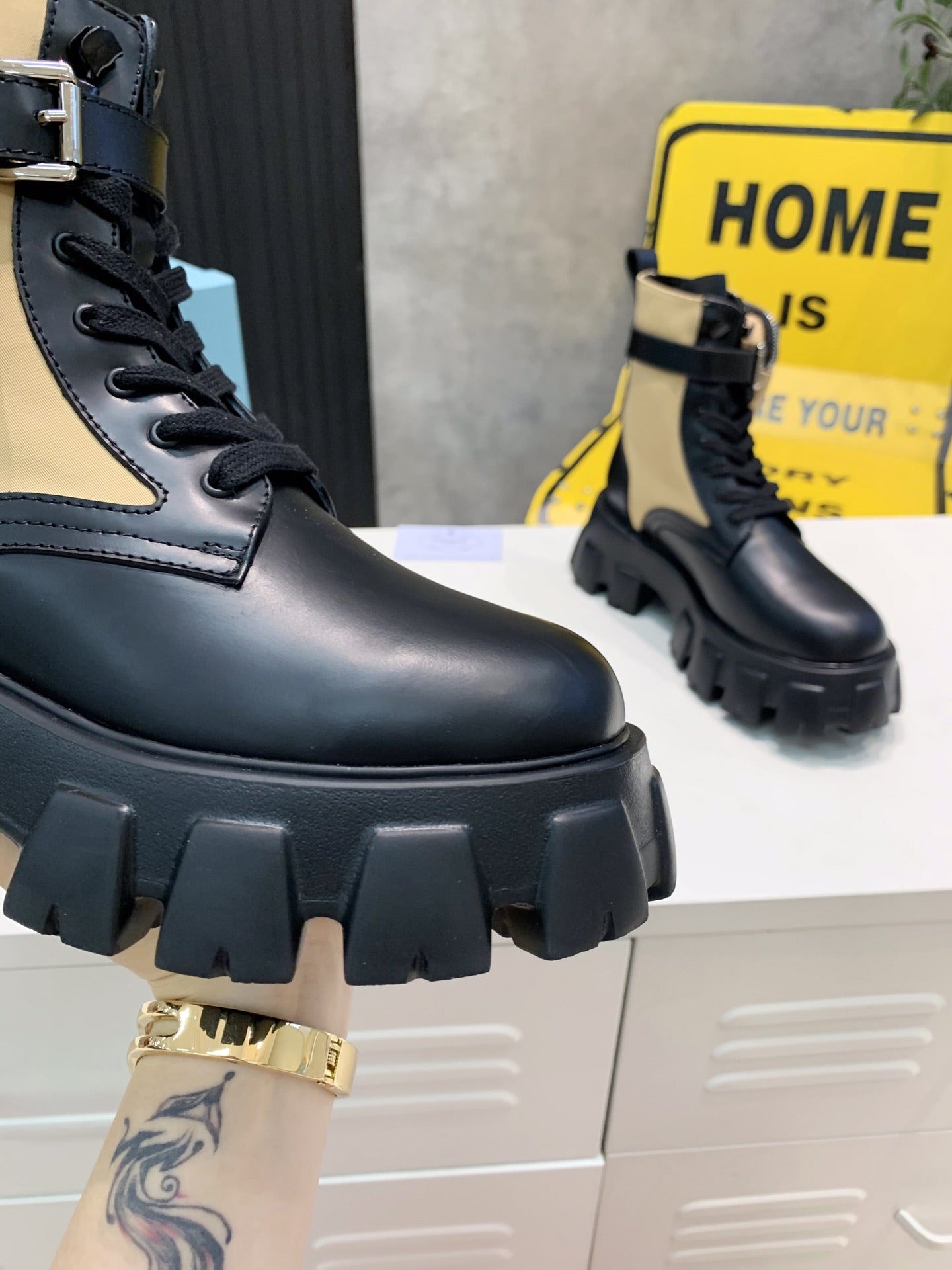 PRADA 25S MONOLITH BRUSHED AND RE NYLON BOOTS WITH POUCH BLACK AND MUTED OLIVE - 35