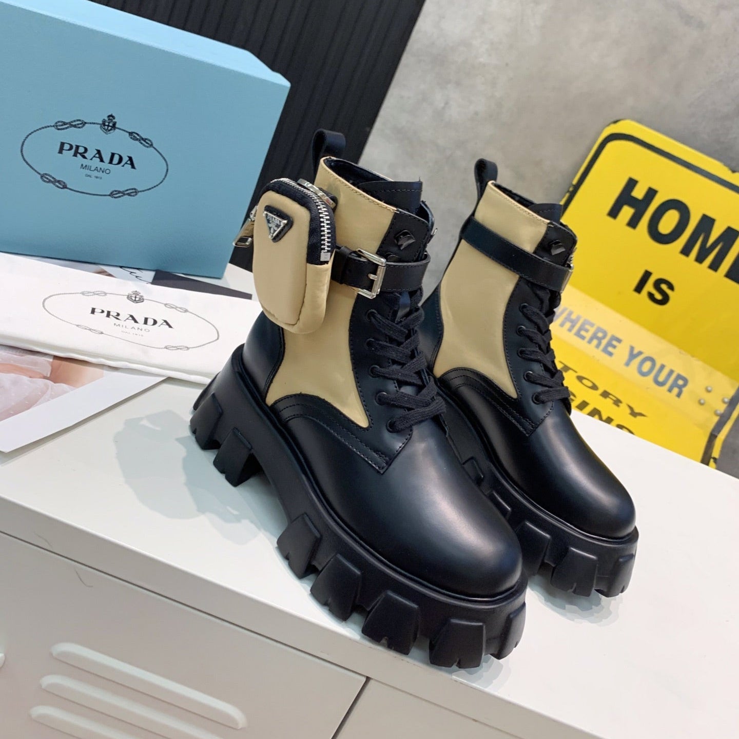 PRADA 25S MONOLITH BRUSHED AND RE NYLON BOOTS WITH POUCH BLACK AND MUTED OLIVE - 35