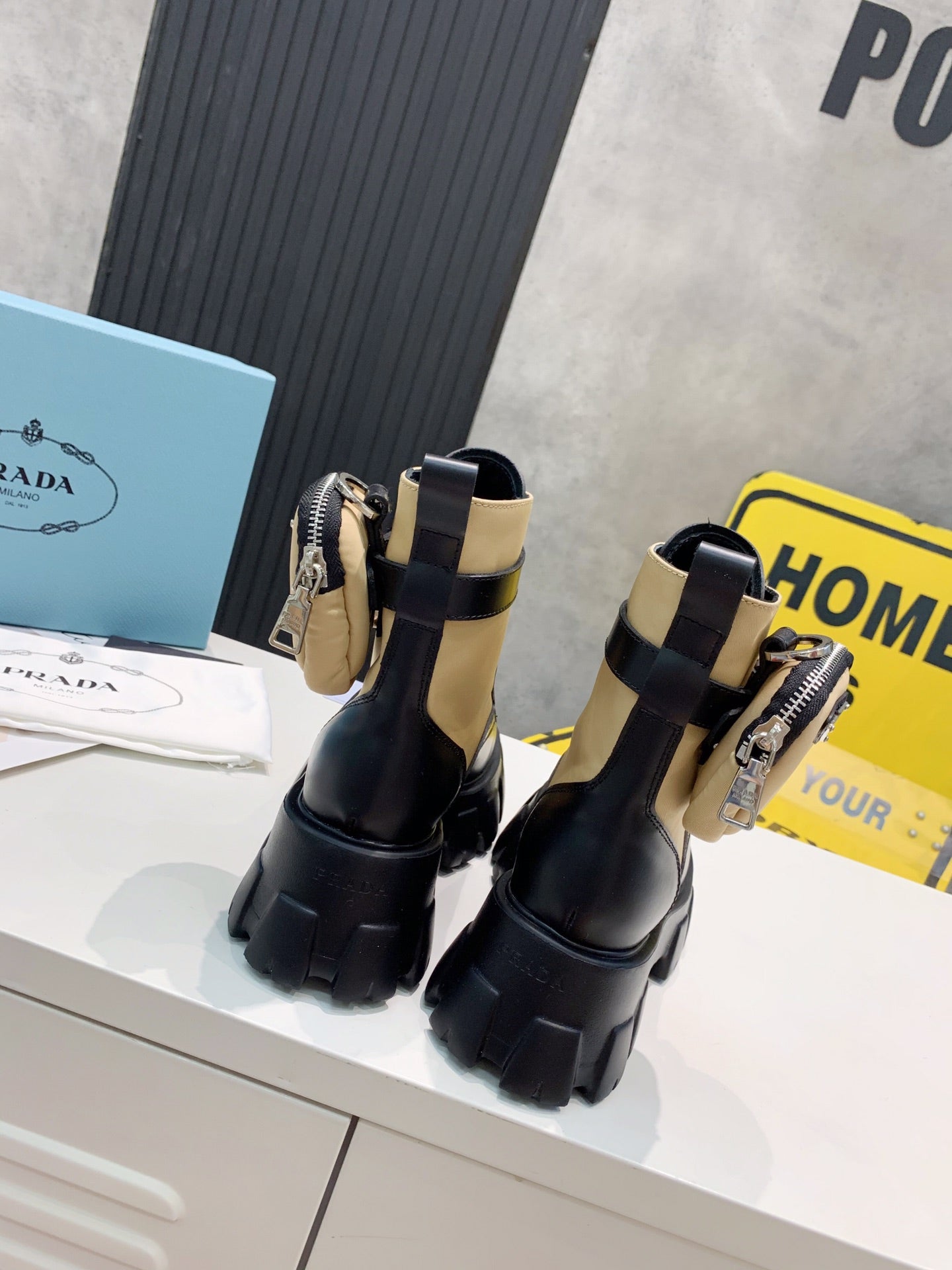 PRADA 25S MONOLITH BRUSHED AND RE NYLON BOOTS WITH POUCH BLACK AND MUTED OLIVE - 35