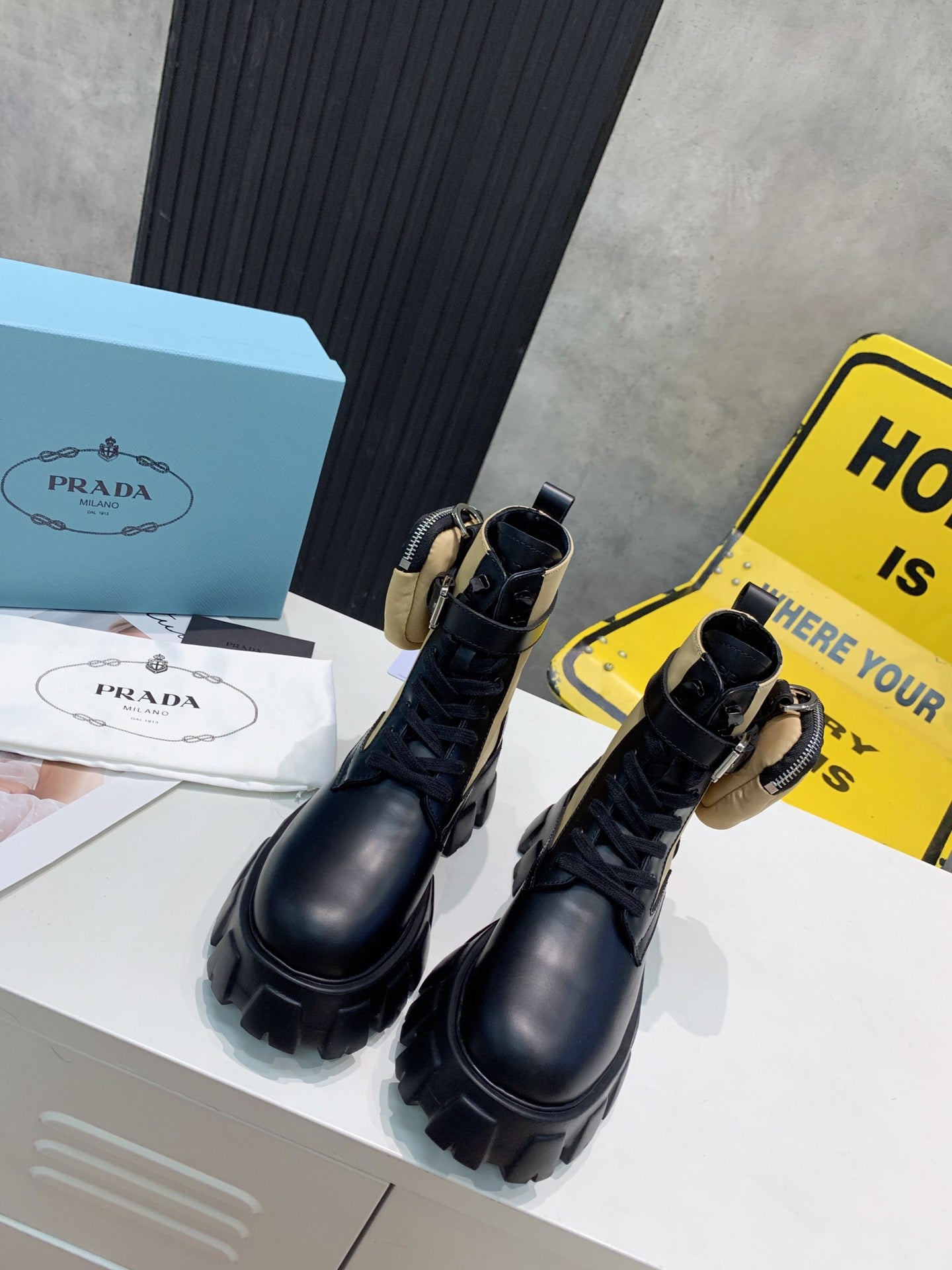 PRADA 25S MONOLITH BRUSHED AND RE NYLON BOOTS WITH POUCH BLACK AND MUTED OLIVE - 35