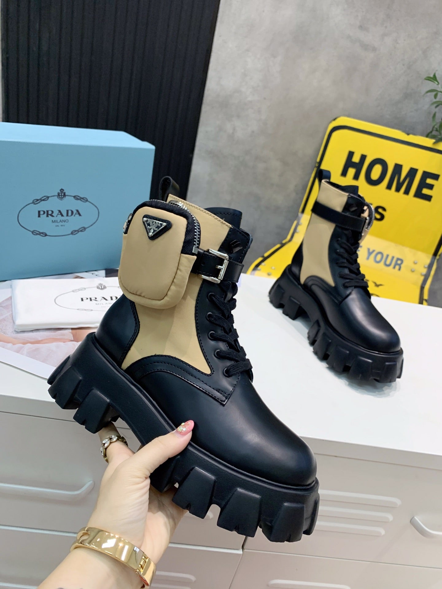 PRADA 25S MONOLITH BRUSHED AND RE NYLON BOOTS WITH POUCH BLACK AND MUTED OLIVE - 35