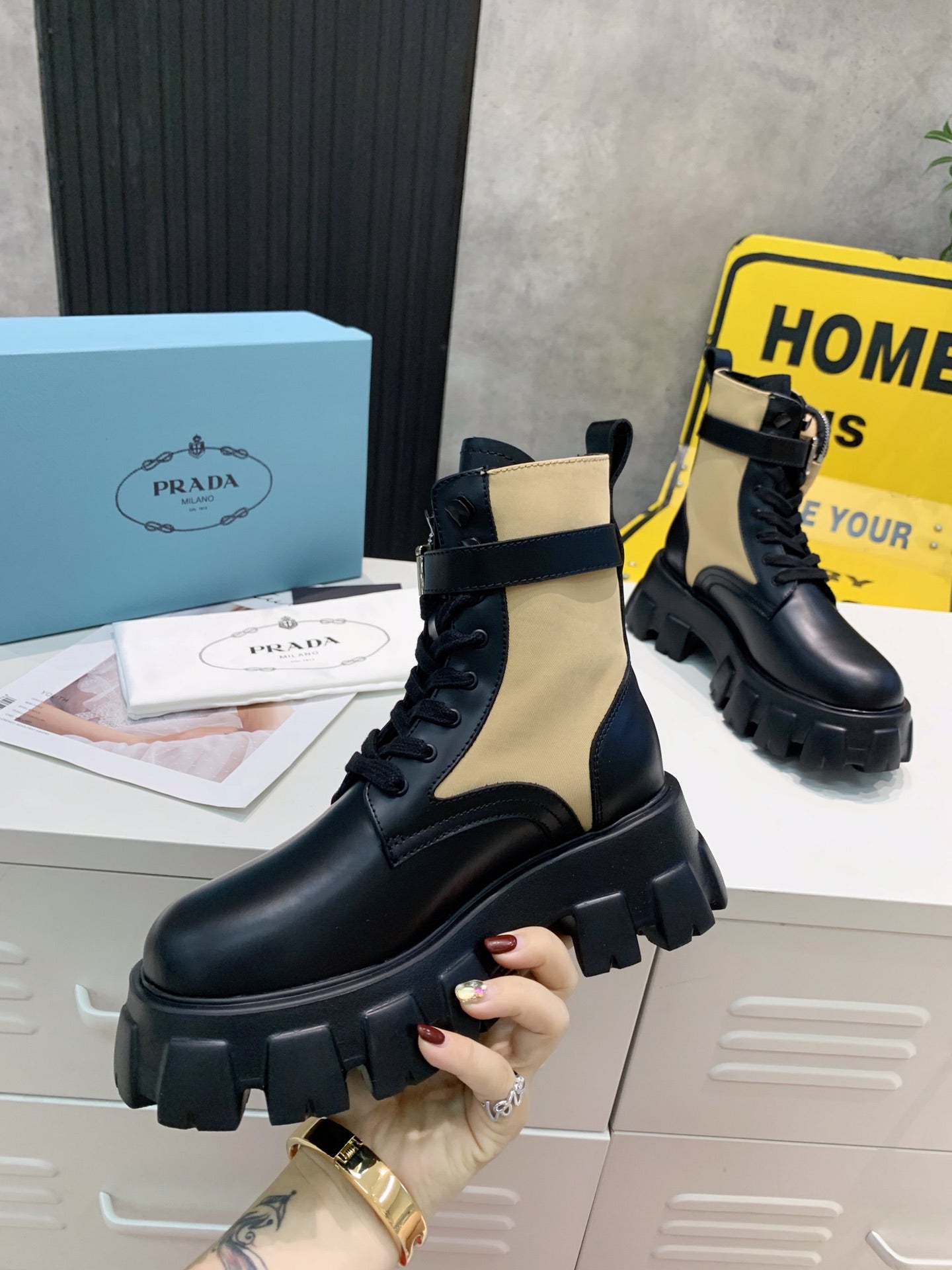 PRADA 25S MONOLITH BRUSHED AND RE NYLON BOOTS WITH POUCH BLACK AND MUTED OLIVE - 35