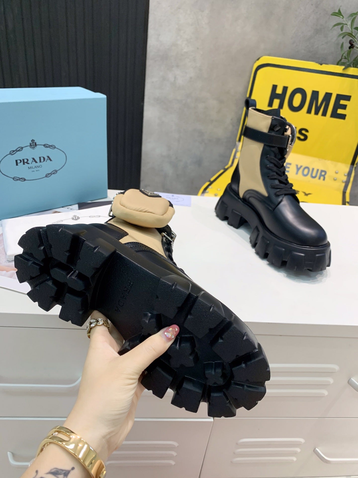 PRADA 25S MONOLITH BRUSHED AND RE NYLON BOOTS WITH POUCH BLACK AND MUTED OLIVE - 35