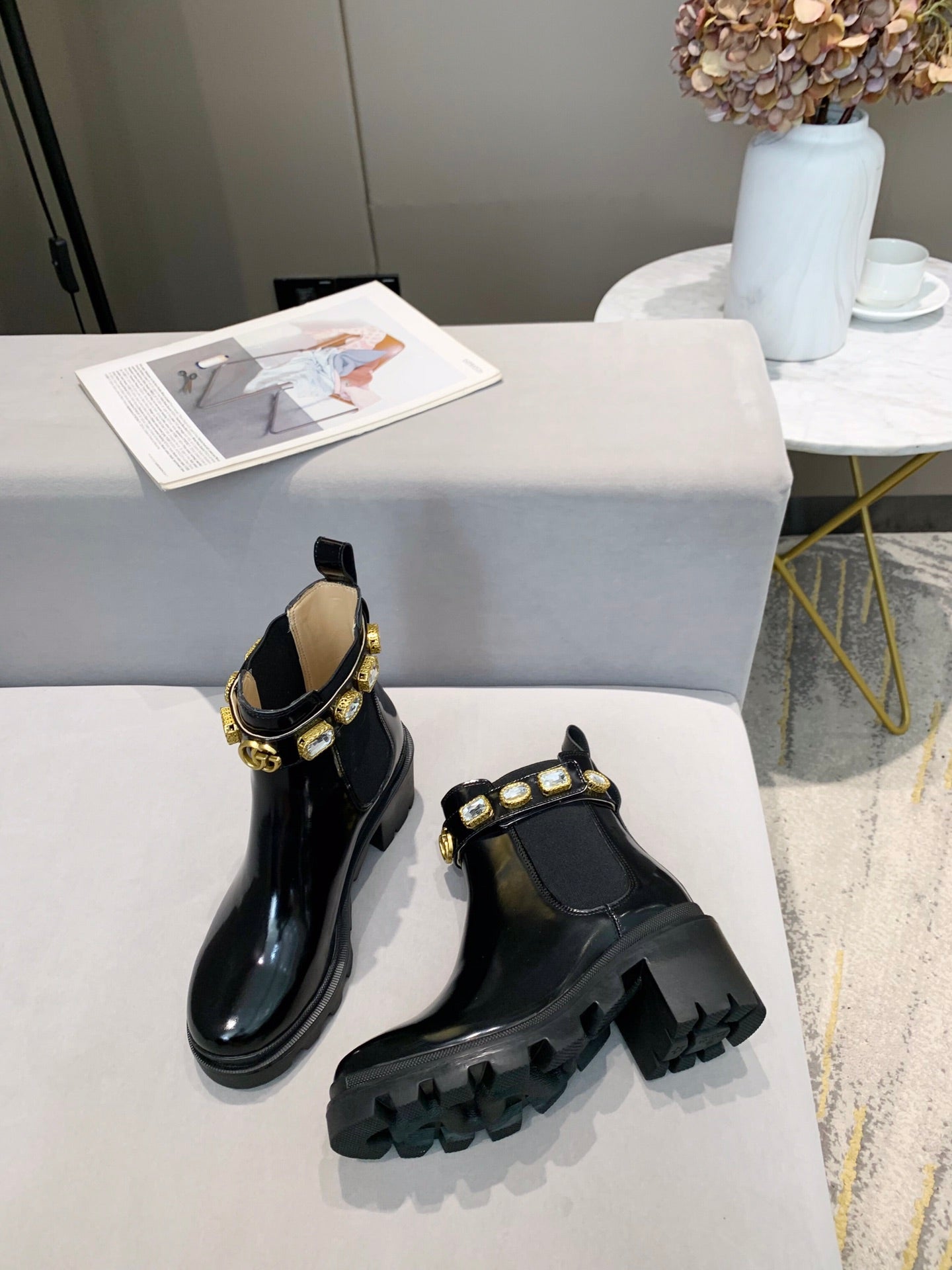 GG CRYSTAL ANKLE BOOTS IN BLACK CALFSKIN GHW - 35
