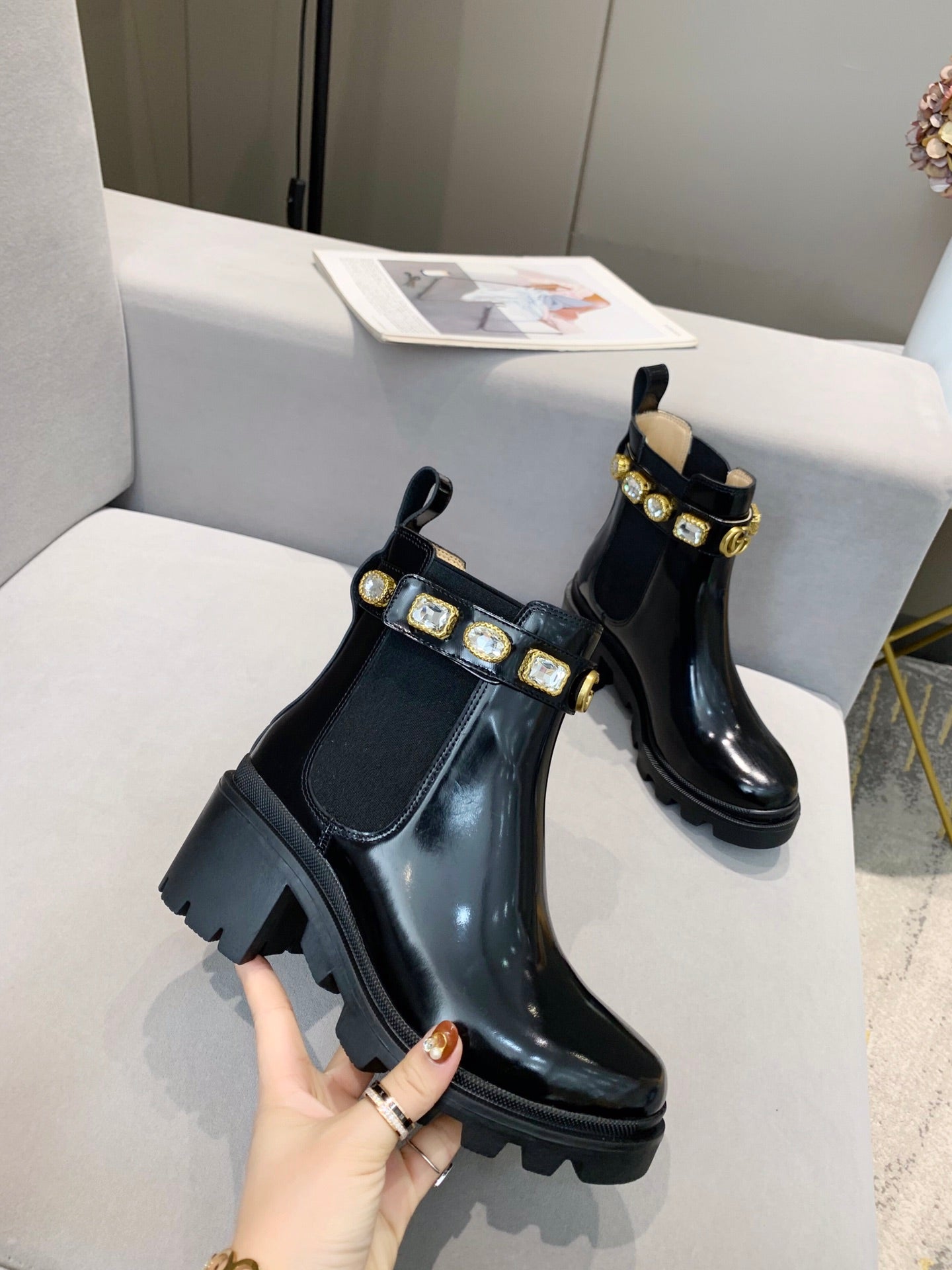 GG CRYSTAL ANKLE BOOTS IN BLACK CALFSKIN GHW - 35