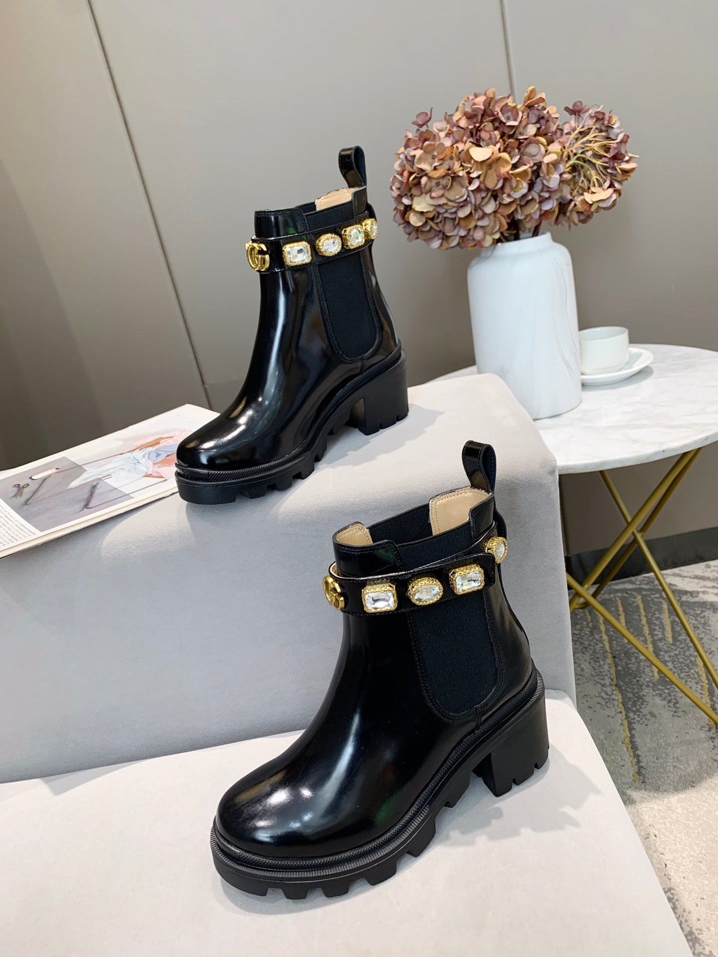 GG CRYSTAL ANKLE BOOTS IN BLACK CALFSKIN GHW - 35