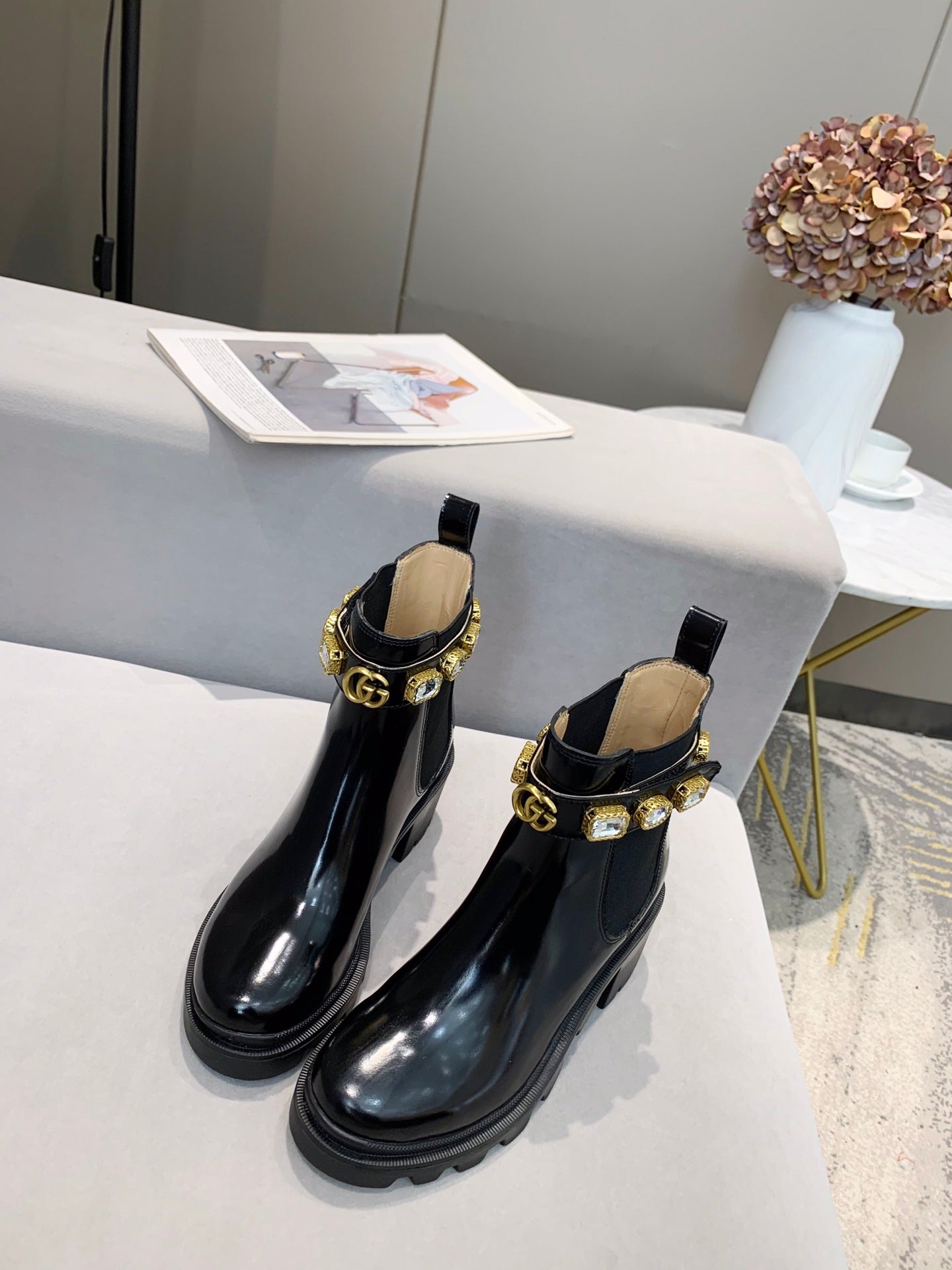 GG CRYSTAL ANKLE BOOTS IN BLACK CALFSKIN GHW - 35