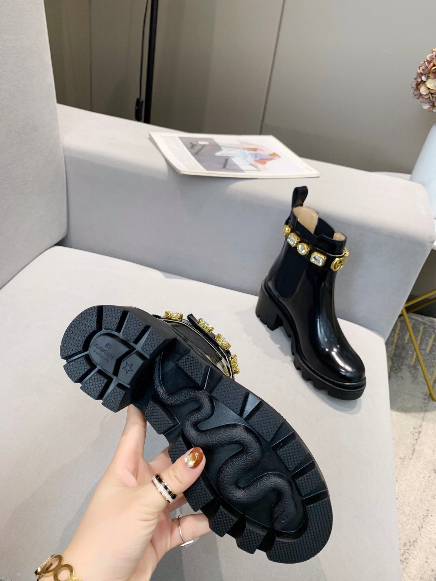 GG CRYSTAL ANKLE BOOTS IN BLACK CALFSKIN GHW - 35