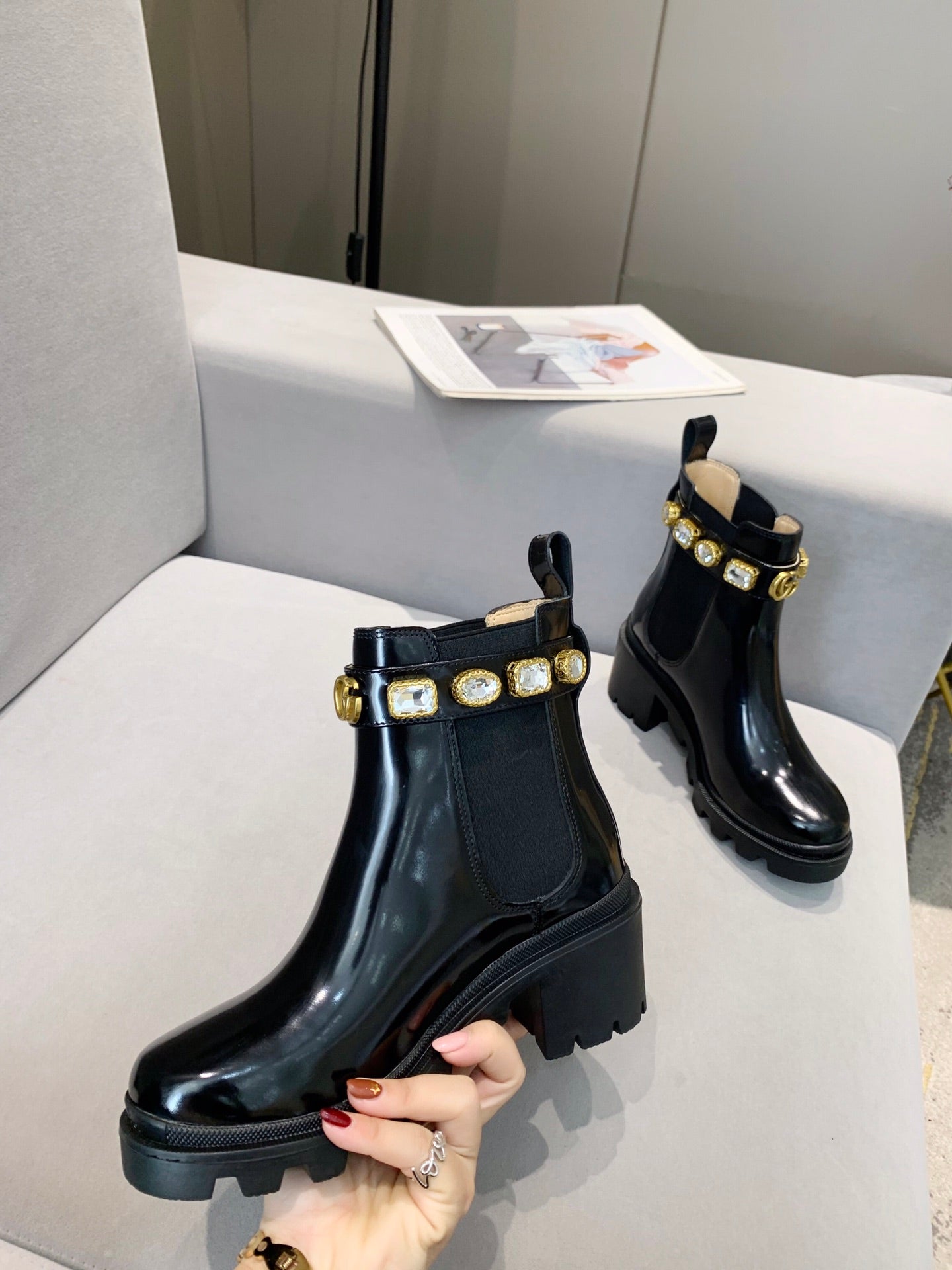 GG CRYSTAL ANKLE BOOTS IN BLACK CALFSKIN GHW - 35