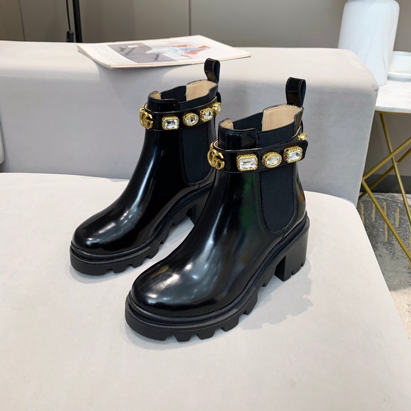 GG CRYSTAL ANKLE BOOTS IN BLACK CALFSKIN GHW - 35