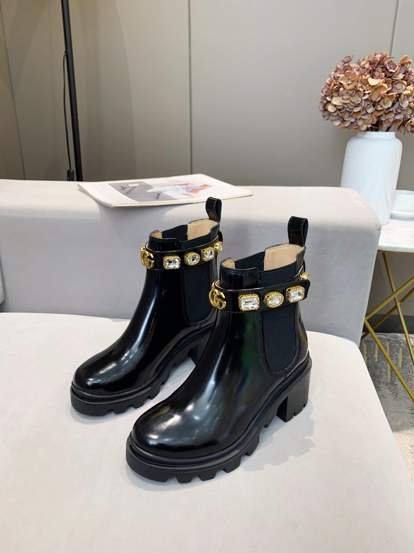 GG CRYSTAL ANKLE BOOTS IN BLACK CALFSKIN GHW - 35