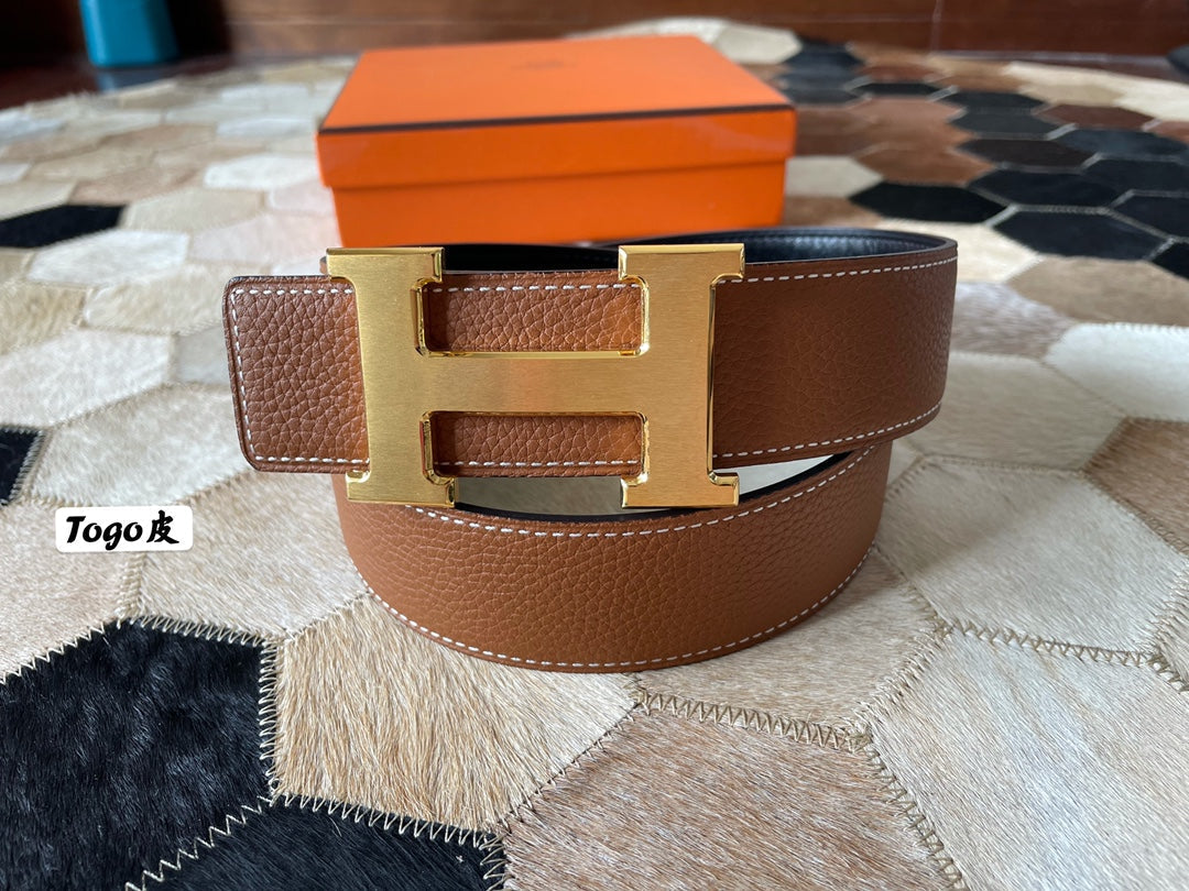 HM CONSTANCE BELT BUCKLE & REVERSIBLE BRONZE BROWN LEATHER STRAP 38MM GOLD HARDWARE - 30