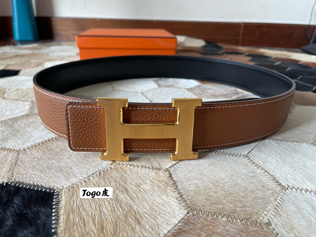HM CONSTANCE BELT BUCKLE & REVERSIBLE BRONZE BROWN LEATHER STRAP 38MM GOLD HARDWARE - 30