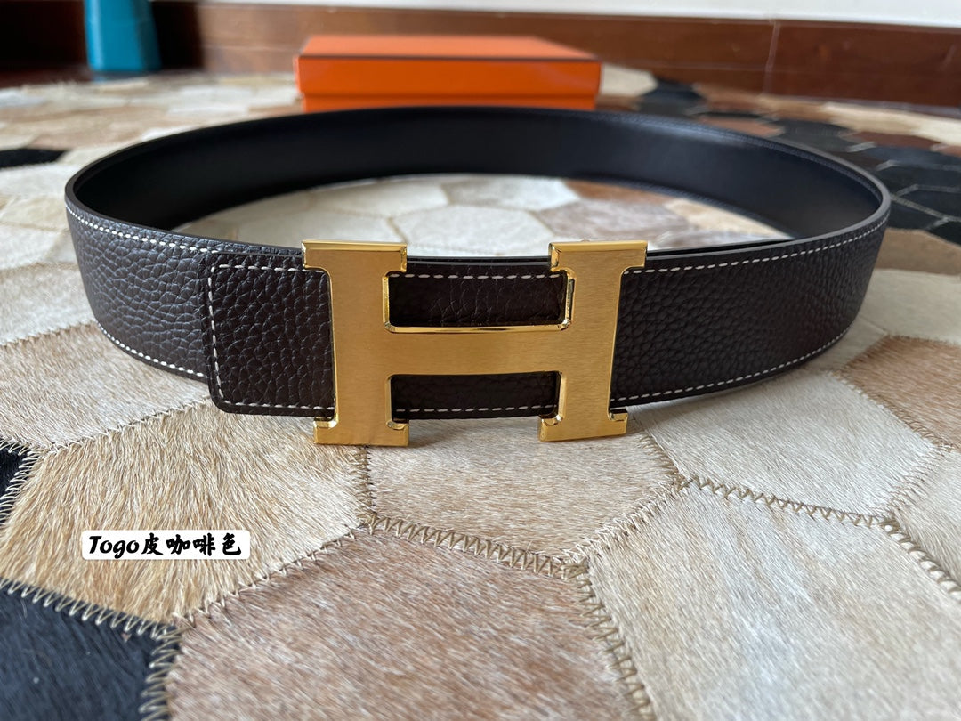 HM CONSTANCE BELT BUCKLE & REVERSIBLE CHOCOLATE BROWN LEATHER STRAP 38MM GOLD HARDWARE - 30