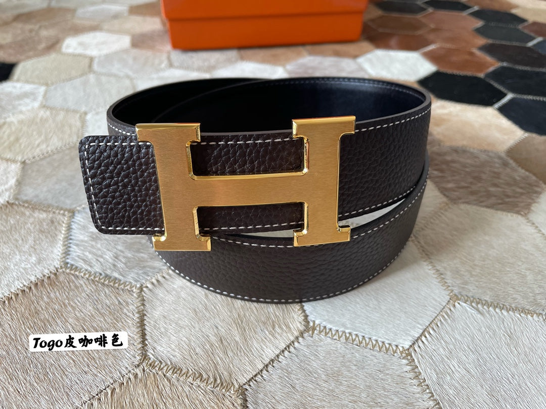 HM CONSTANCE BELT BUCKLE & REVERSIBLE CHOCOLATE BROWN LEATHER STRAP 38MM GOLD HARDWARE - 30
