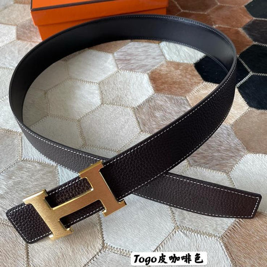 HM CONSTANCE BELT BUCKLE & REVERSIBLE CHOCOLATE BROWN LEATHER STRAP 38MM GOLD HARDWARE - 30