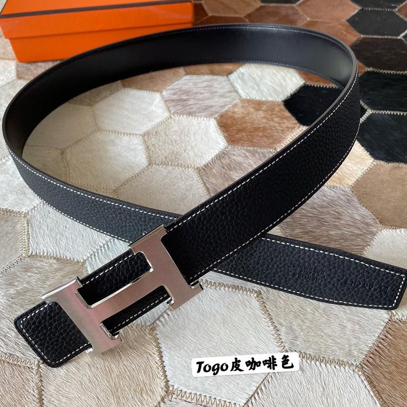 HM CONSTANCE BELT BUCKLE & REVERSIBLE BLACK LEATHER STRAP 38MM SILVER HARDWARE - 30