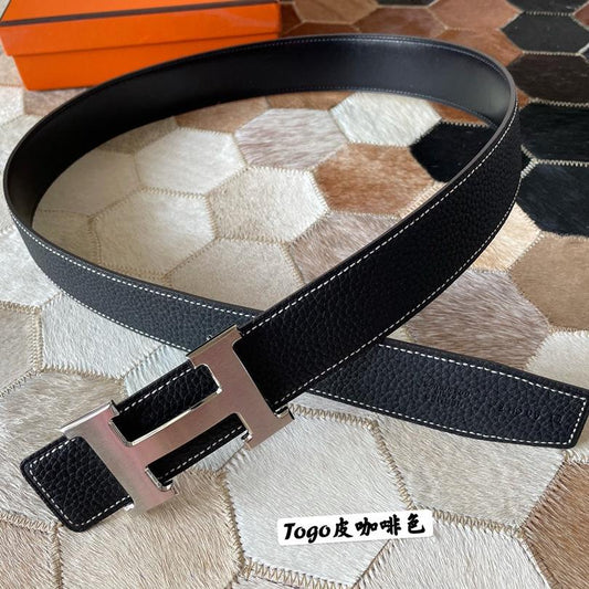HM CONSTANCE BELT BUCKLE & REVERSIBLE BLACK LEATHER STRAP 38MM SILVER HARDWARE - 30