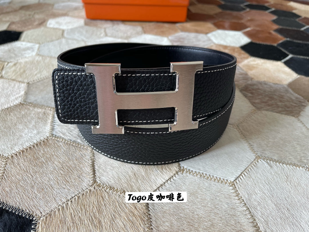 HM CONSTANCE BELT BUCKLE & REVERSIBLE BLACK LEATHER STRAP 38MM SILVER HARDWARE - 30