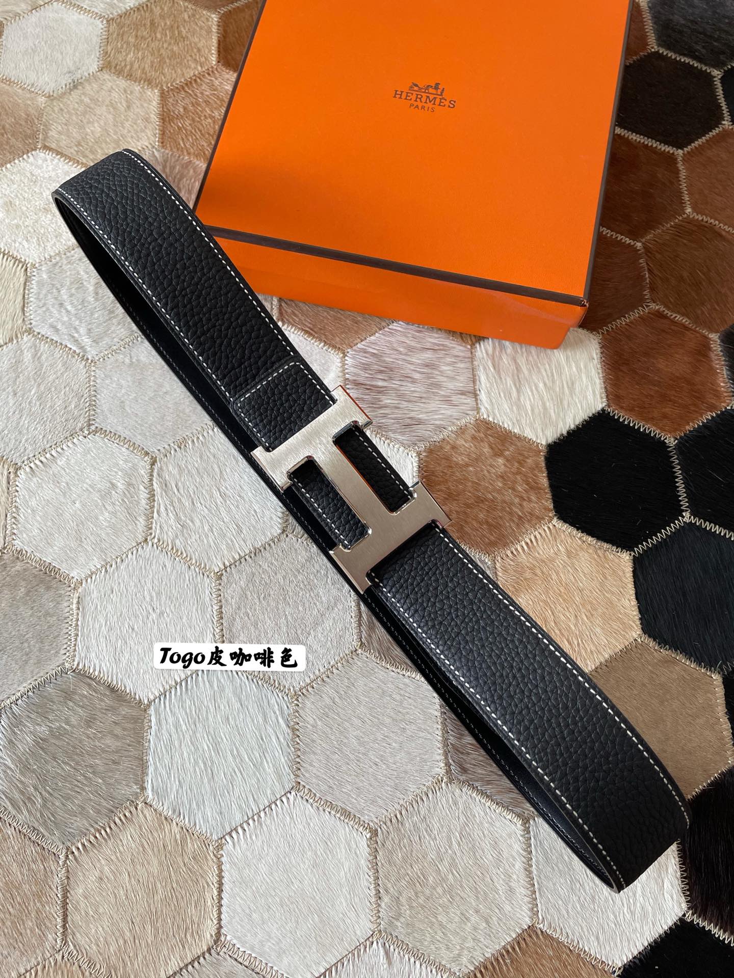 HM CONSTANCE BELT BUCKLE & REVERSIBLE BLACK LEATHER STRAP 38MM SILVER HARDWARE - 30