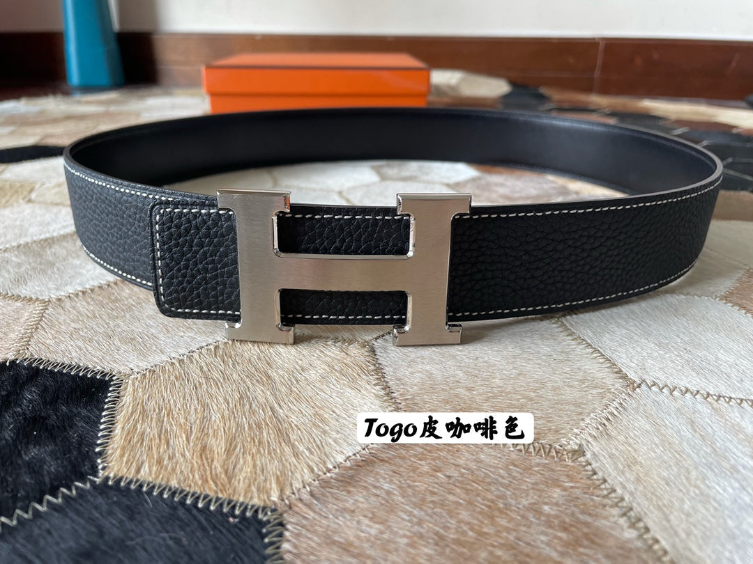 HM CONSTANCE BELT BUCKLE & REVERSIBLE BLACK LEATHER STRAP 38MM SILVER HARDWARE - 30