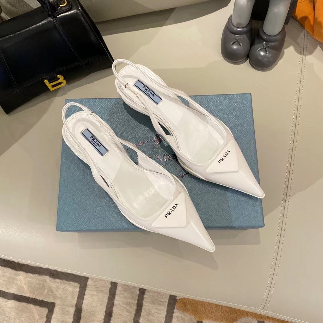TRIANGLE LOGO SLINGBACK PUMPS IN WHITE GLOSSY CALFSKIN - 35