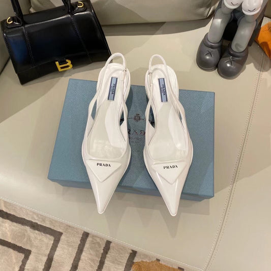 TRIANGLE LOGO SLINGBACK PUMPS IN WHITE GLOSSY CALFSKIN - 35