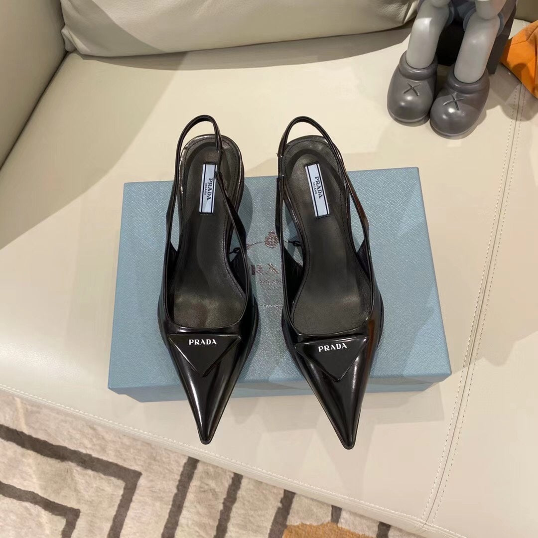TRIANGLE LOGO SLINGBACK PUMPS IN BLACK GLOSSY CALFSKIN - 35
