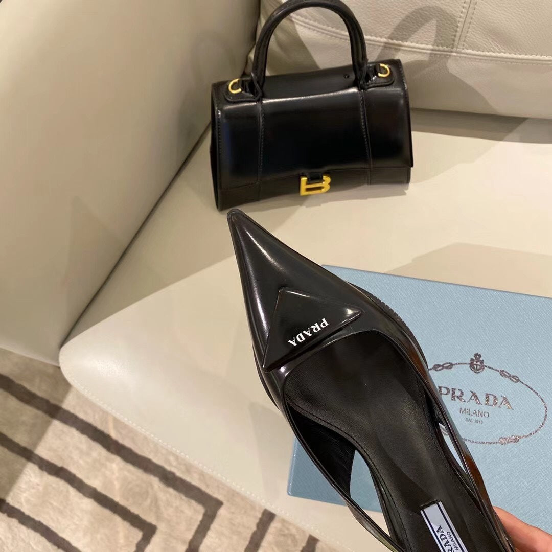 TRIANGLE LOGO SLINGBACK PUMPS IN BLACK GLOSSY CALFSKIN - 35