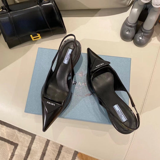 TRIANGLE LOGO SLINGBACK PUMPS IN BLACK GLOSSY CALFSKIN - 35