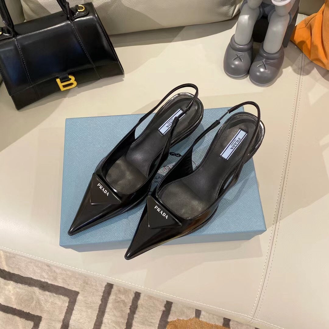 TRIANGLE LOGO SLINGBACK PUMPS IN BLACK GLOSSY CALFSKIN - 35