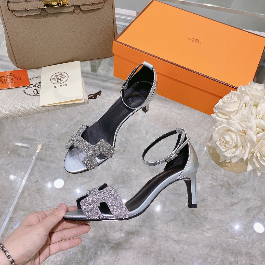 PREMIERE 70 SANDAL IN SILVER CALFSKIN WITH WHITE CRYSTALS - 35