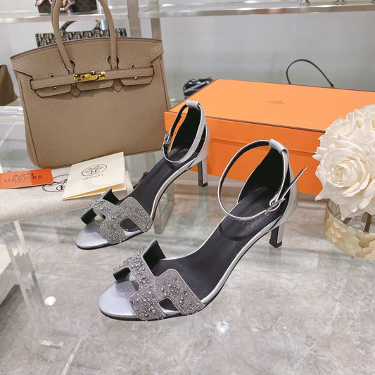 PREMIERE 70 SANDAL IN SILVER CALFSKIN WITH WHITE CRYSTALS - 35