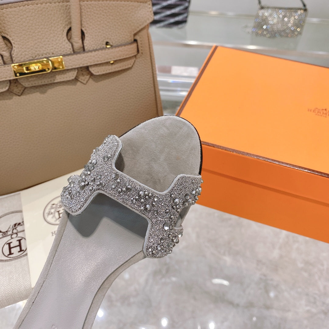 PREMIERE 70 SANDAL IN PALE GRAY SUEDE WITH CRYSTALS - 35