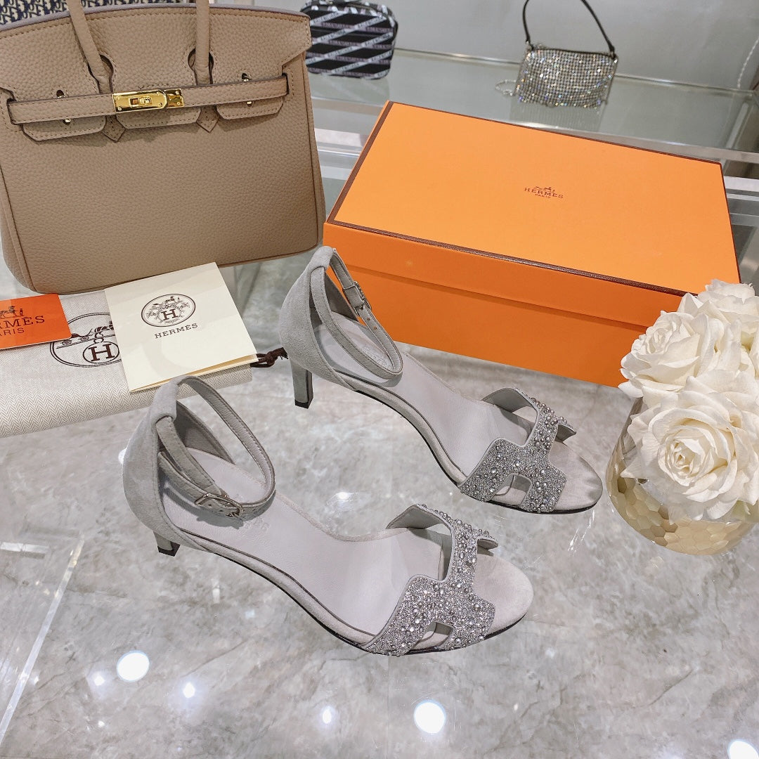PREMIERE 70 SANDAL IN PALE GRAY SUEDE WITH CRYSTALS - 35