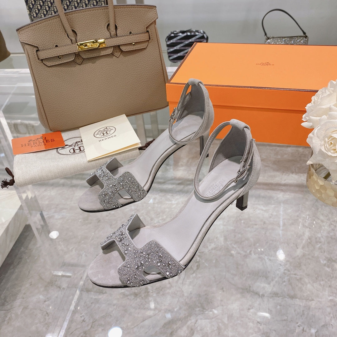 PREMIERE 70 SANDAL IN PALE GRAY SUEDE WITH CRYSTALS - 35