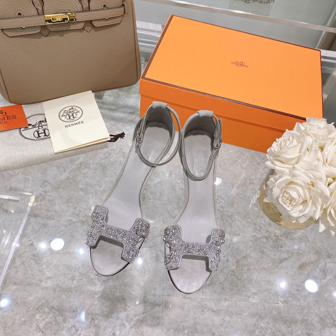 PREMIERE 70 SANDAL IN PALE GRAY SUEDE WITH CRYSTALS - 35