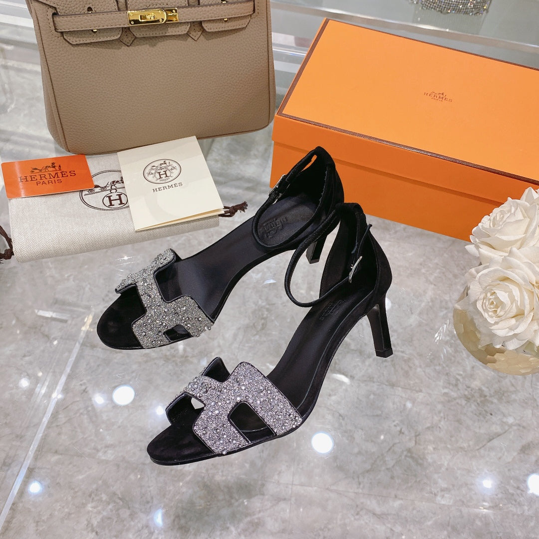 PREMIERE 70 SANDAL IN BLACK SUEDE WITH WHITE CRYSTALS - 35