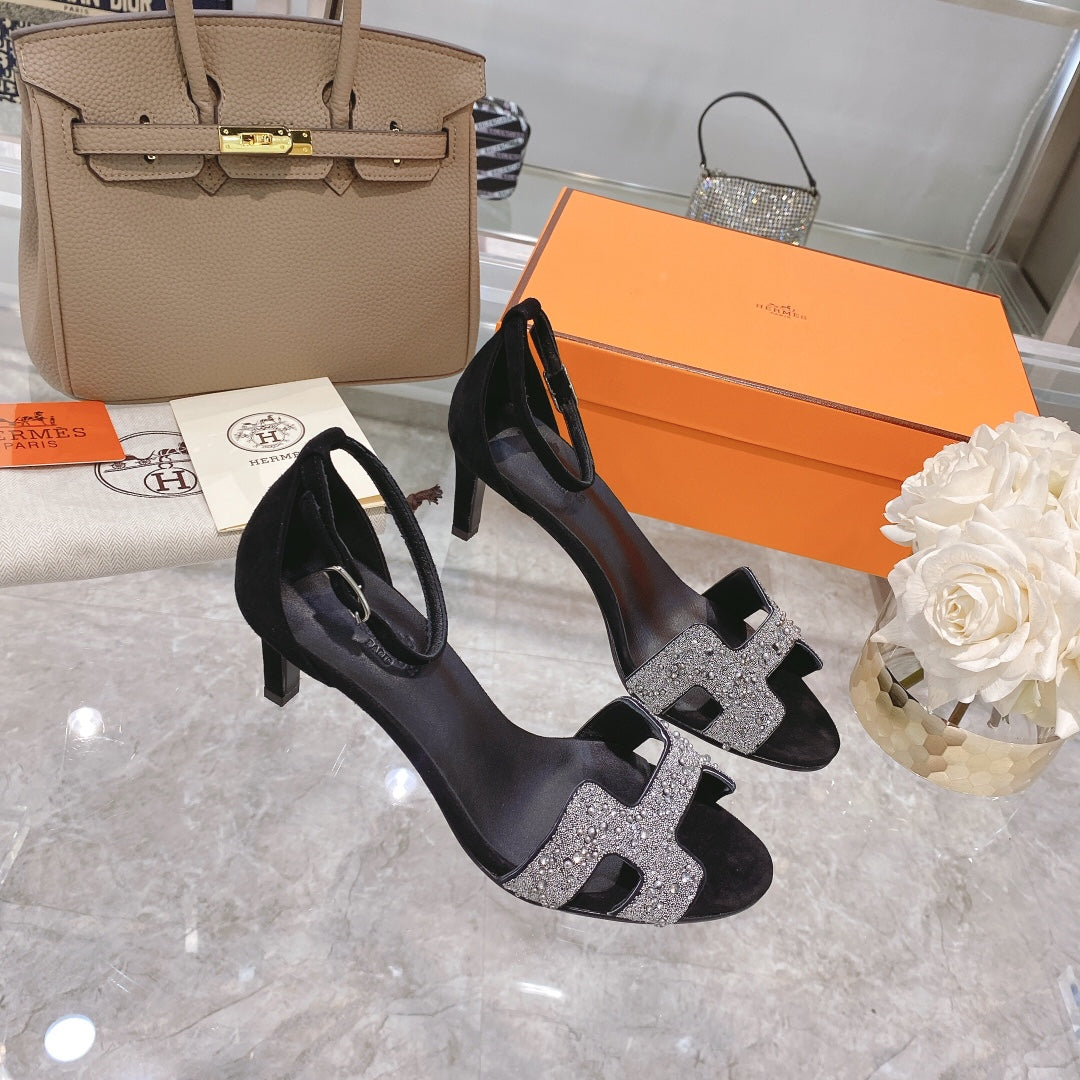 PREMIERE 70 SANDAL IN BLACK SUEDE WITH WHITE CRYSTALS - 35