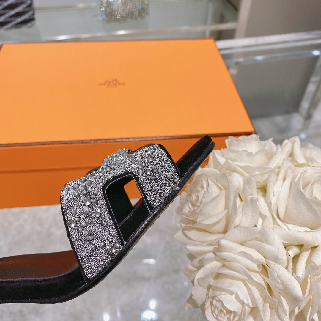 PREMIERE 70 SANDAL IN BLACK SUEDE WITH WHITE CRYSTALS - 35