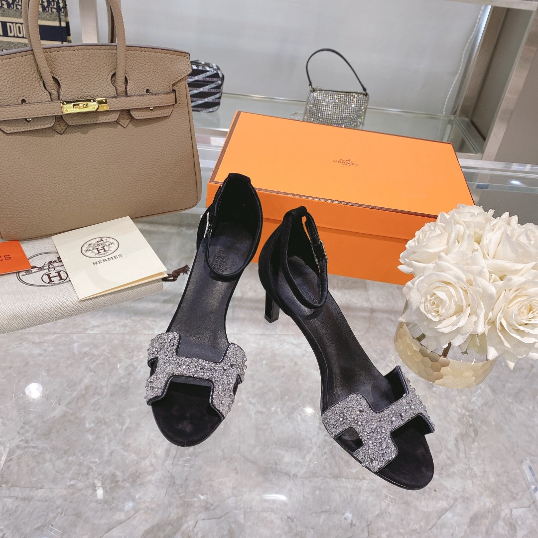 PREMIERE 70 SANDAL IN BLACK SUEDE WITH WHITE CRYSTALS - 35