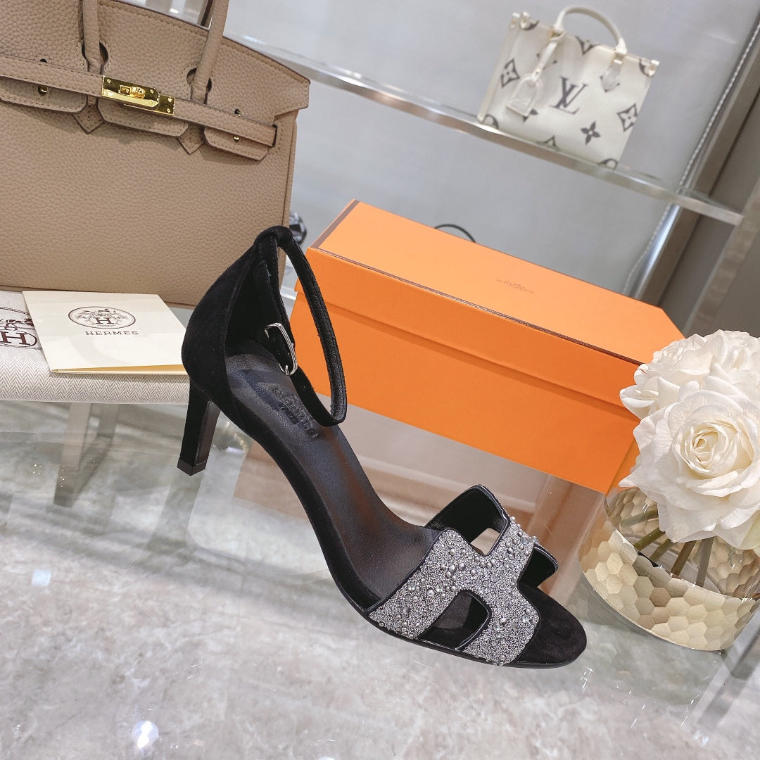 PREMIERE 70 SANDAL IN BLACK SUEDE WITH WHITE CRYSTALS - 35