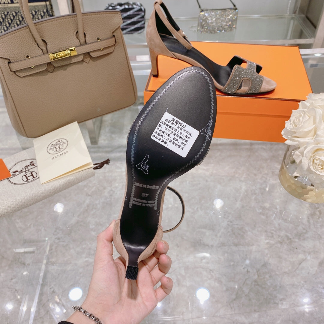 PREMIERE 70 SANDAL IN LIGHT BROWN SUEDE WITH CRYSTALS - 35