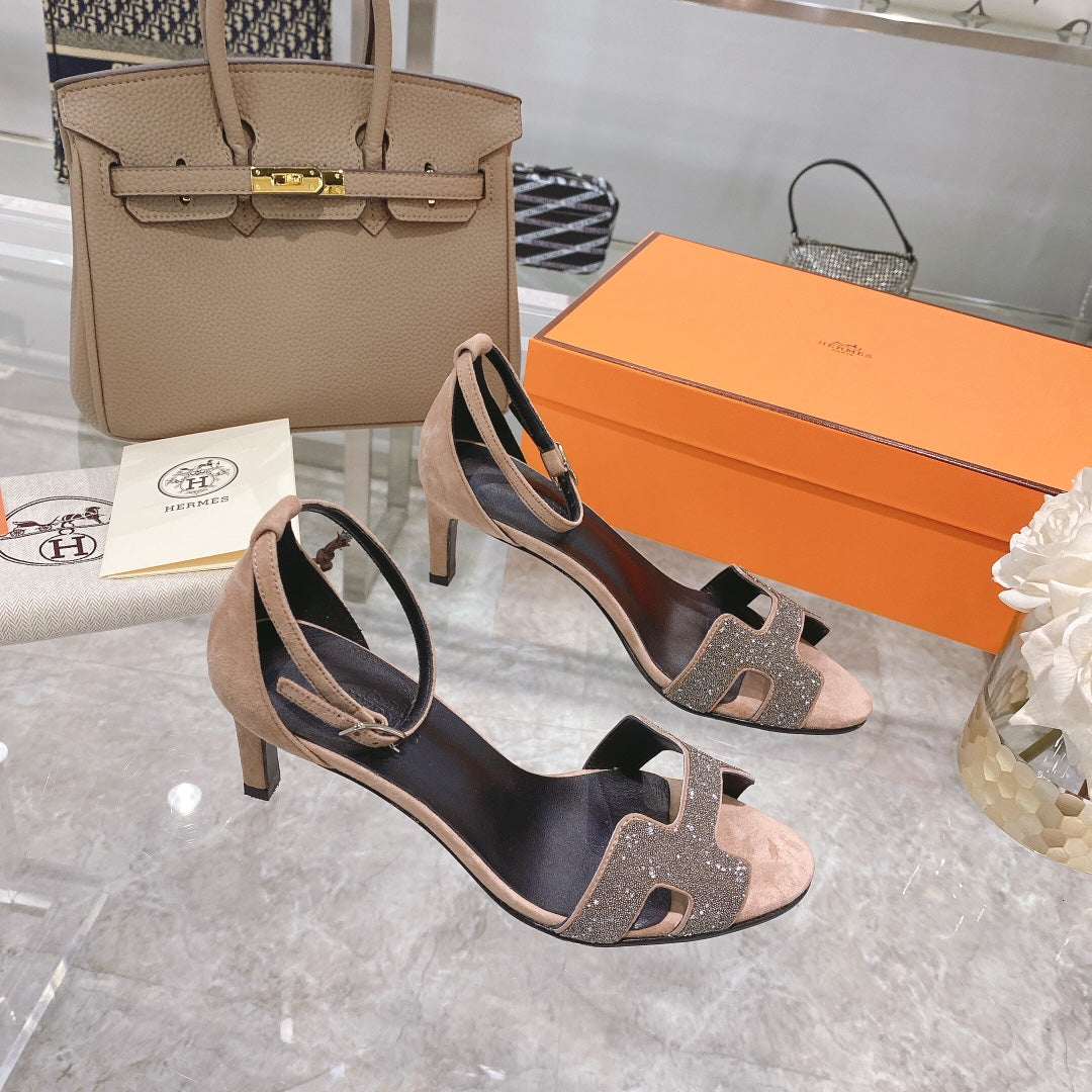 PREMIERE 70 SANDAL IN LIGHT BROWN SUEDE WITH CRYSTALS - 35