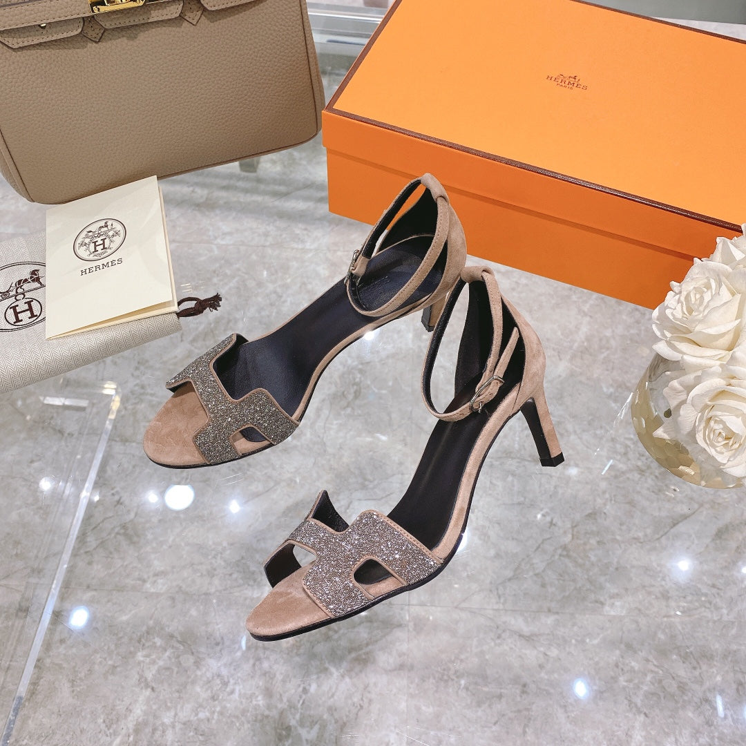 PREMIERE 70 SANDAL IN LIGHT BROWN SUEDE WITH CRYSTALS - 35