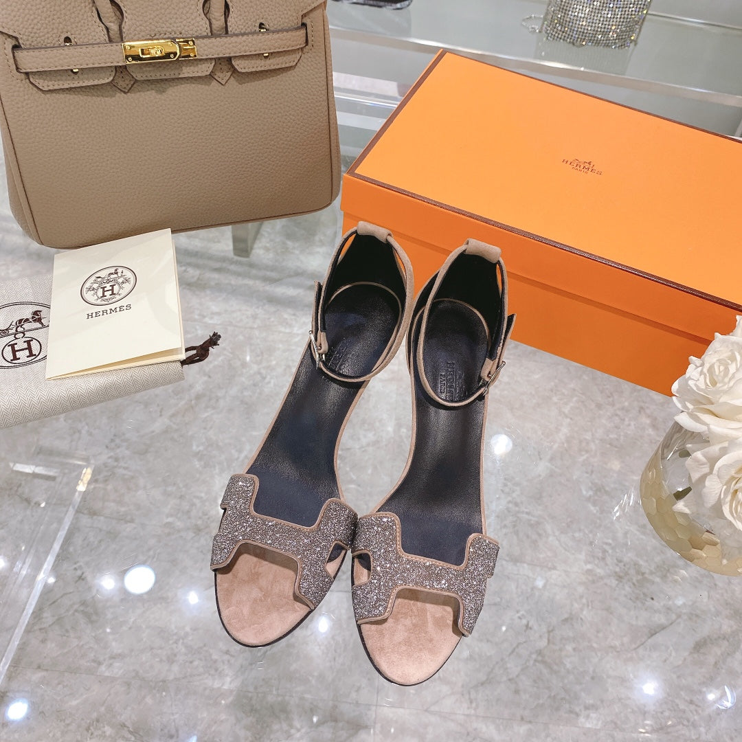 PREMIERE 70 SANDAL IN LIGHT BROWN SUEDE WITH CRYSTALS - 35