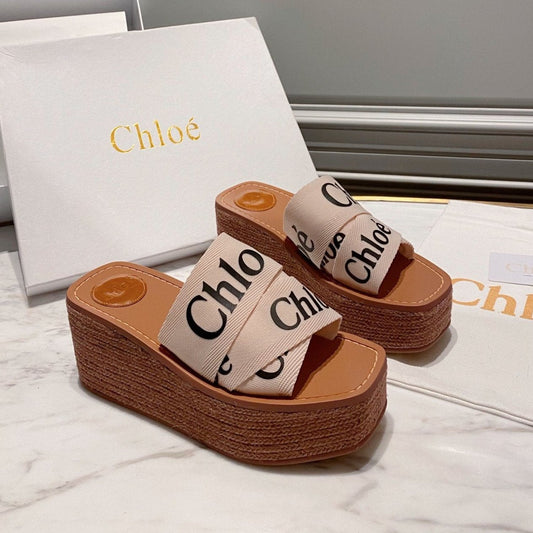 WOODY WEDGE IN BEIGE DENIM WITH BLACK LOGO - 35