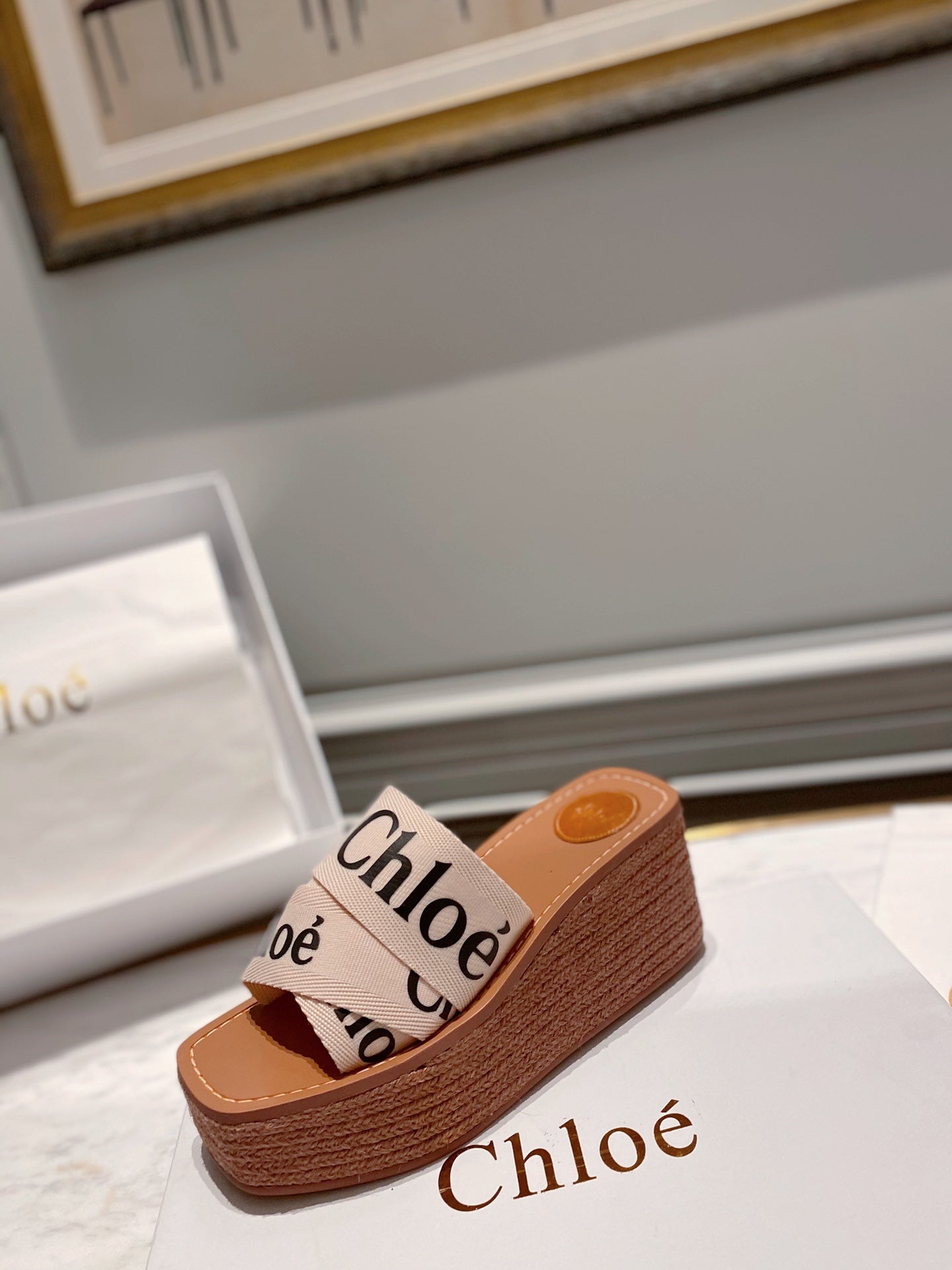 WOODY WEDGE IN BEIGE DENIM WITH BLACK LOGO - 35