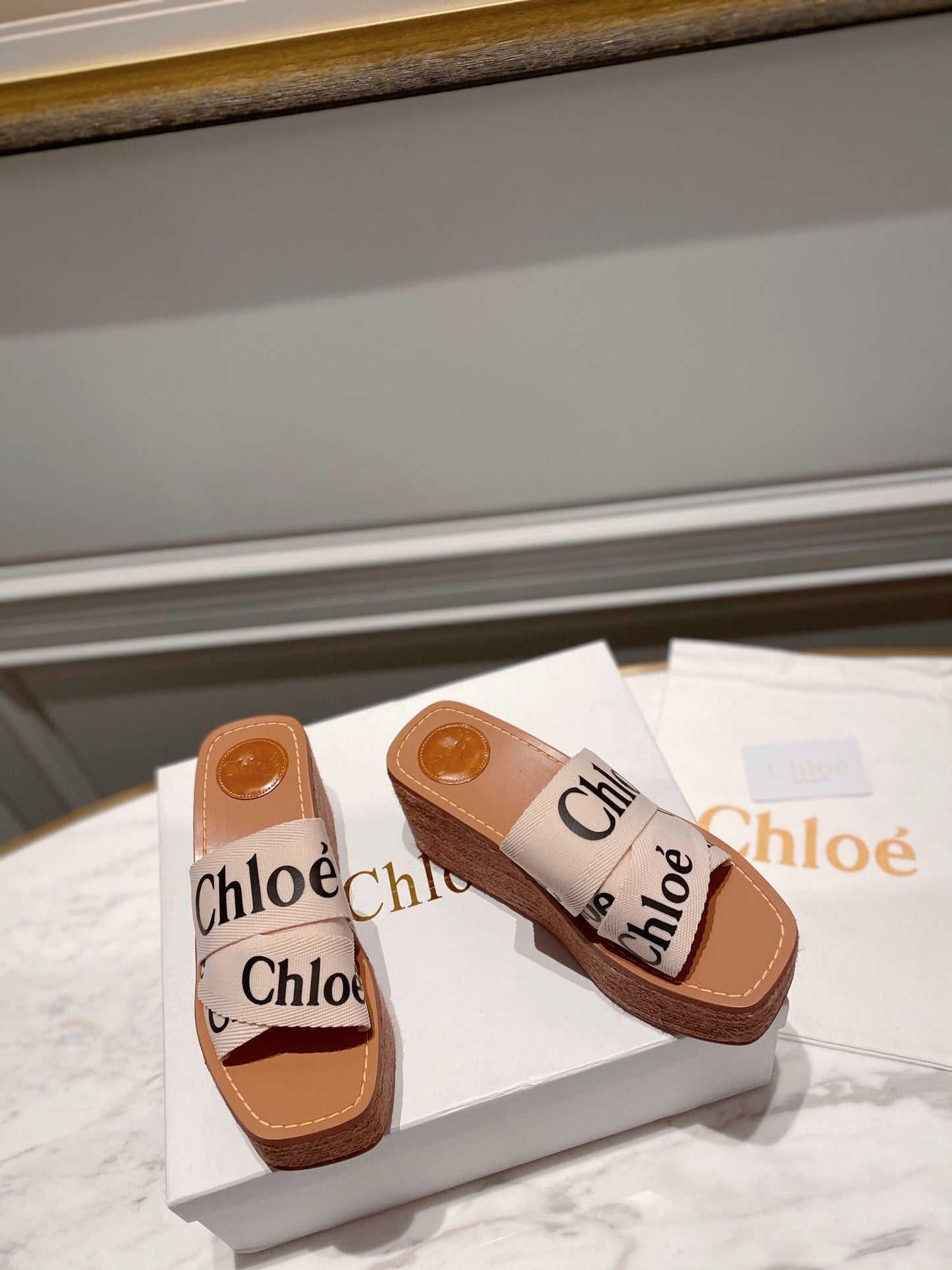 WOODY WEDGE IN BEIGE DENIM WITH BLACK LOGO - 35