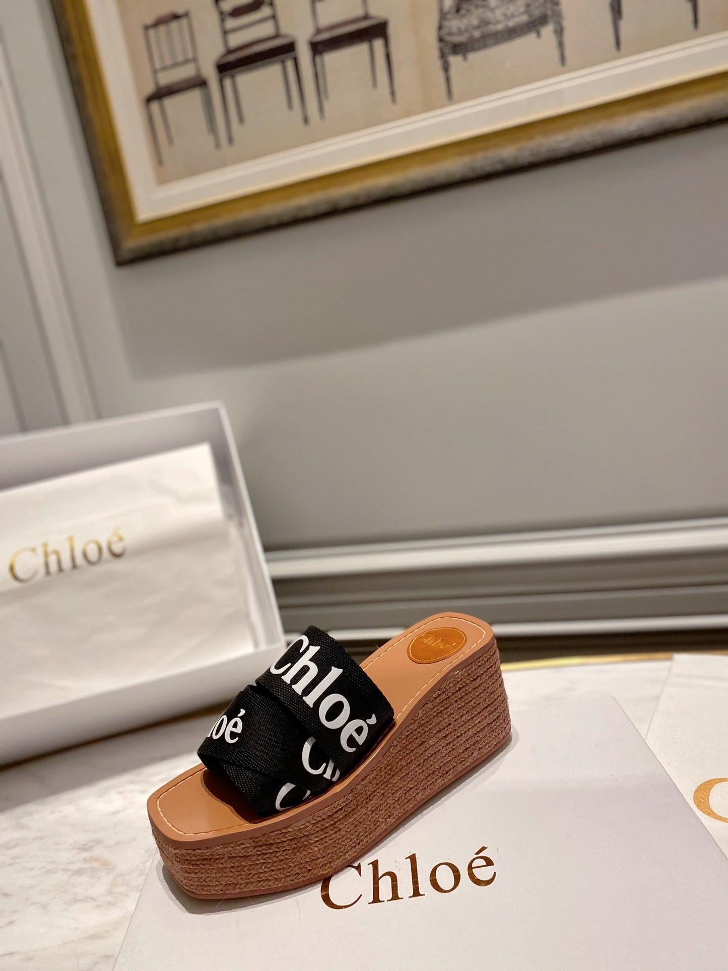 WOODY WEDGE IN BLACK DENIM WITH WHITE LOGO - 35